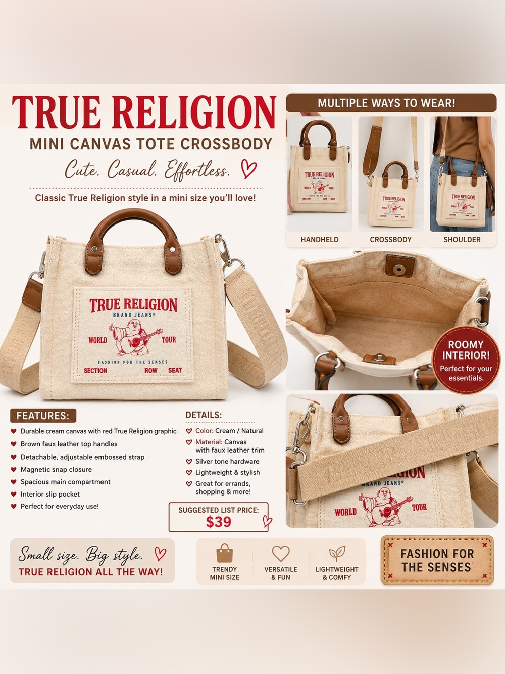 True Religion Mini Canvas Tote Crossbody Bag – Cream